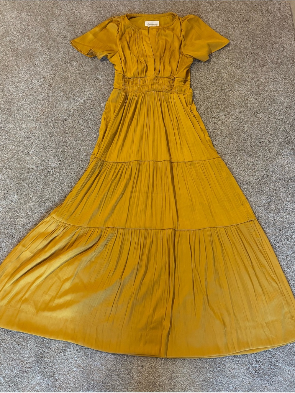 Anthropologie Somerset satin Mustard Tiered Maxi Dress